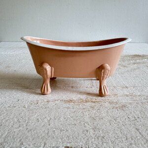 Vintage Small Pink Enamel Clawfoot Tub - Metal Tub Soap Dish